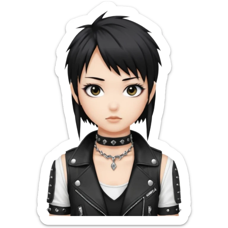 A asian girl with Black eyes and black straight hair with a bob with a black spiked chocker with white tank top with a black leather jacket on in anime style sticker