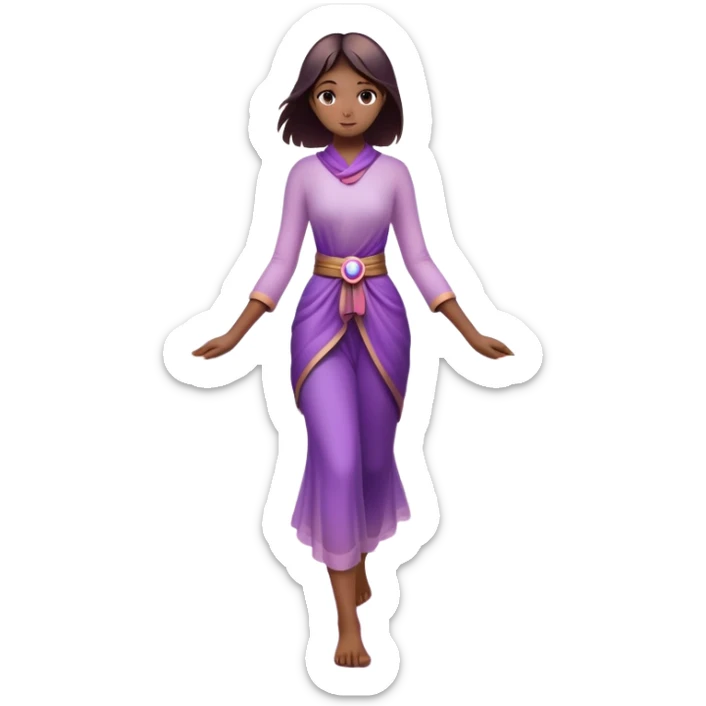 A small figure walks back across a foggy bridge, holding soft pink and purple orbs in each hand—symbolizing compassion and forgiveness. A gentle heart aura trails behind them, showing healing in motion. sticker