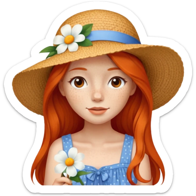 girl, freckles, wearing_summer_hat, white flower on hat, red orrange long hair, blue dress sticker