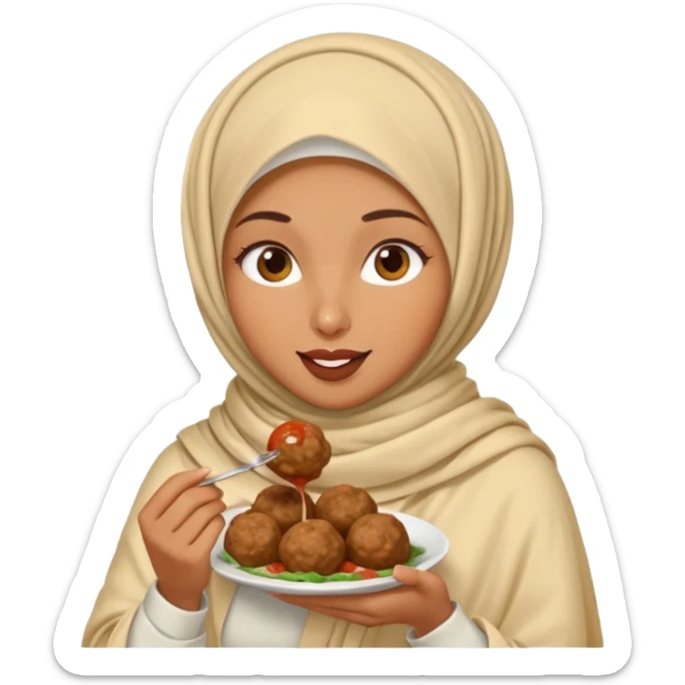 woman wearing a cream colored pashmina hijab eating meatballs sticker