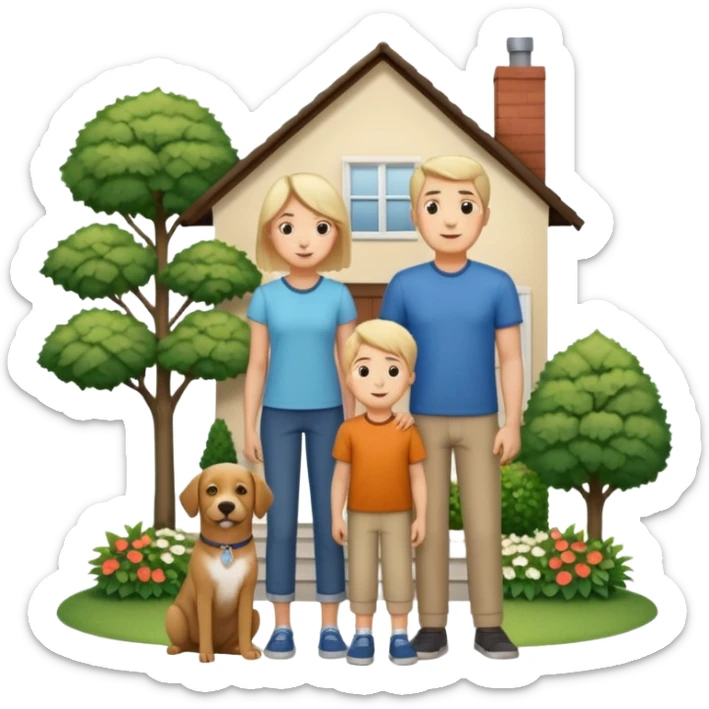 1 Father 1 Mother and 1 young BOY who is half as tall as the parents, standing in front of their house with a dog next to them. Everyone should look VERY happy. There MUST be a house behind them with trees and plants sticker