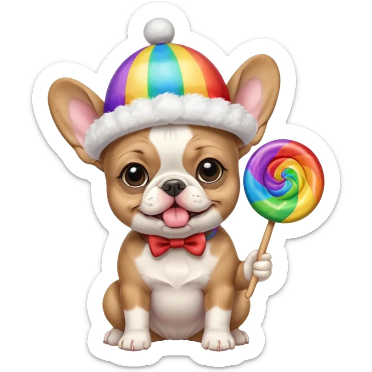 baby french bulldog wearing a propeller hat and holding a comically large rainbow lollipop  sticker