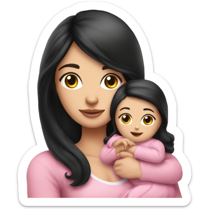 Beautiful Russian lady very long black hair pink clothes holding baby  sticker