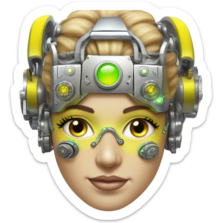 Caucasian female cyborg head with Neon yellow bobbed hair, silver steampunk goggles and circuits sticker