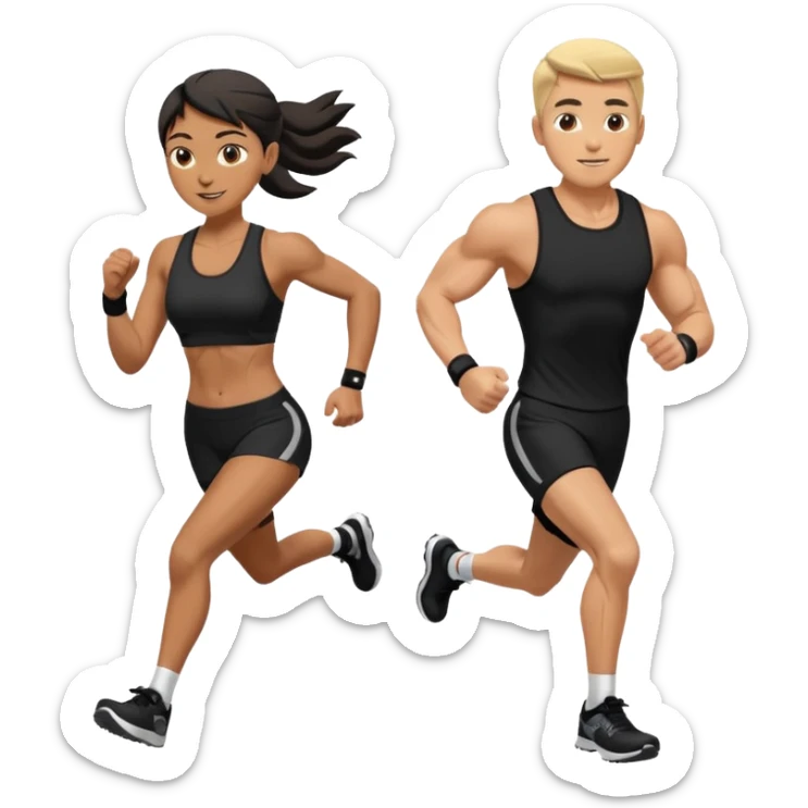 A muscled man and woman running a HYROX race in black fitness gear sticker