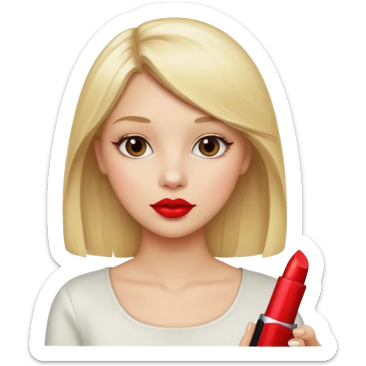 a girl with blonde hair is holding lipstick on her hand sticker