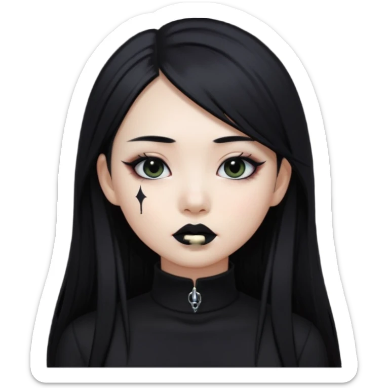 goth Asian girl, straight long black hair, lip piercing, black mock neck shirt sticker