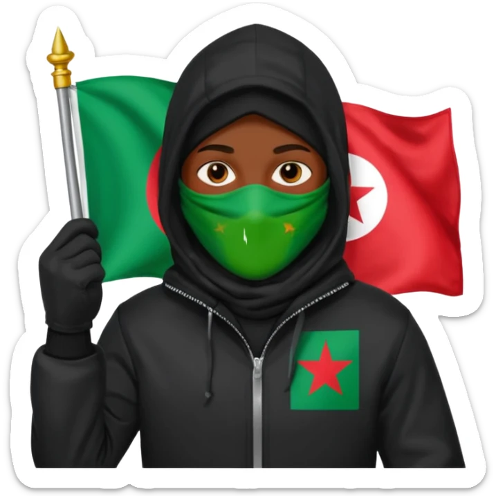fait une personne habiller tout en noir avec une veste et une capuche et une cagoule qui tient un drapeua d'algerie dans sa main droite sticker