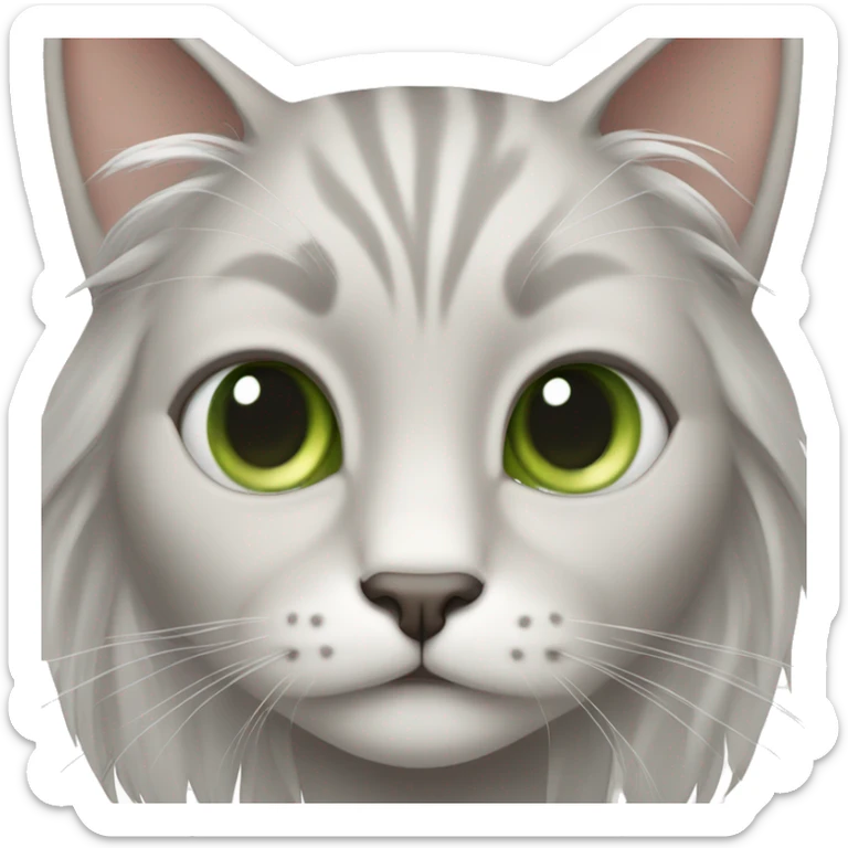 cat with long hair, white hair on snout and in between eyes, gray hair on ears and cheeks, light green eyes sticker