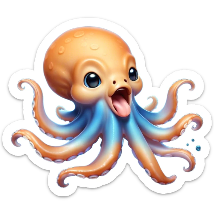 Cinematic Cute Yawning Octopus Portrait Emoji, Head tilted slightly with a dramatic, wide-open yawn, showcasing a plump, light orange body decorated with delicate blue rings and loosely draped arms with sleepy, half-closed eyes, Simplified yet irresistibly adorable features, highly detailed, glowing with a soft, cozy underwater glow, high shine, relaxed yet expressive, stylized with a hint of whimsical aquatic charm, soft glowing outline, capturing the essence of a drowsy yet affectionate octopus that appears ready to stretch and yawn its way out of the screen! sticker