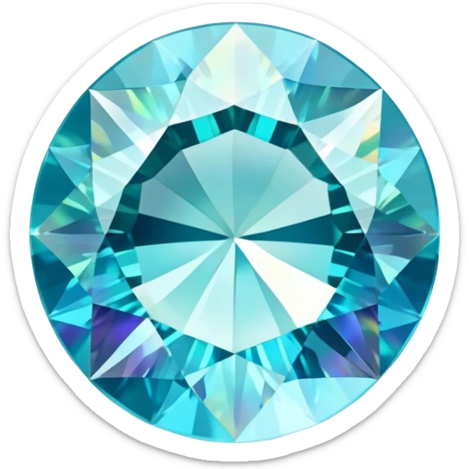 round cut aquamarine gemstone, faceted, with iridescent holographic shine and soft glow sticker