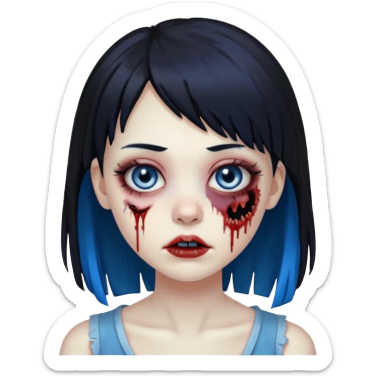 faça uma menina zumbi bonita com um cabelo liso, franja e que metade da franja seja azul e o a outra metade e resto do cabelo sejam pretos sticker