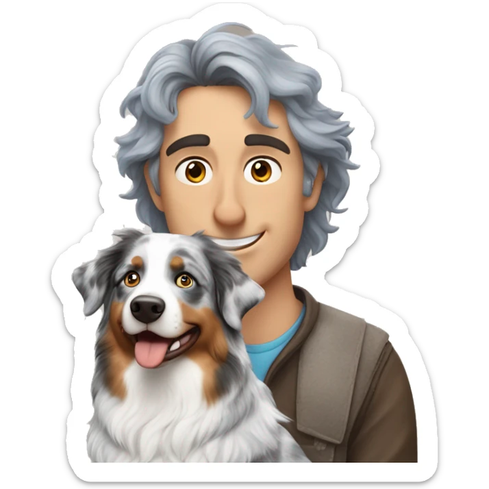 blue merle australian shepherd dog next to owner white man brown hair sticker