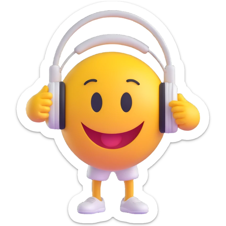 3D smiley emoji, round shape, dancer: wearing dance clothes, headphones, funny face sticker