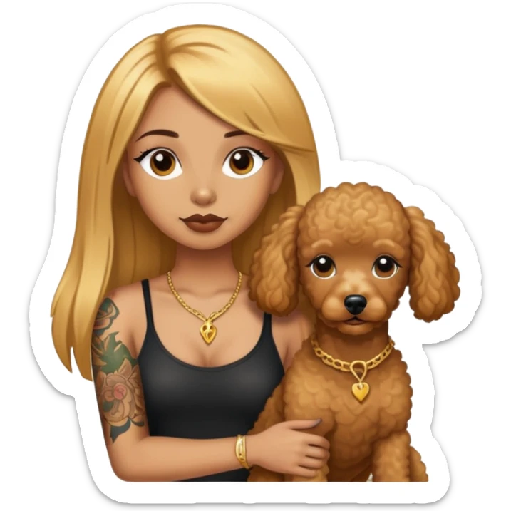 a  girl with glod  straight hair and tattoos and two brown poodle  sticker