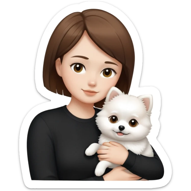 shorthair girl with black shirt  with husband brown hair brown eyes hugging white Pomeranian sticker