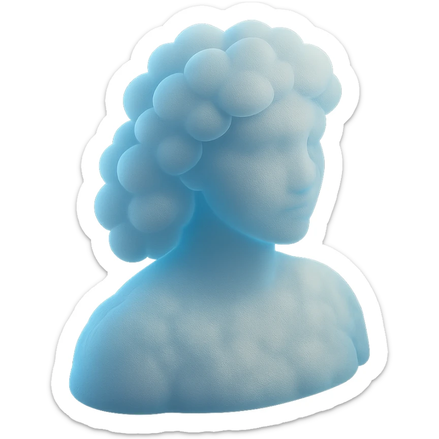 person looking straight, made entirely of white fluffy convex clouds with a slight blue glow, shoulder length, matte glass style sticker