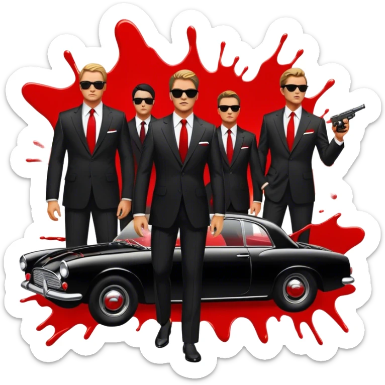 Icon for 'Reservoir Dogs' Movie: Silhouettes of characters in suits with sunglasses, dramatic lighting, a bullet-riddled car, and red splashes symbolizing chaos. Vintage, bold cinematic style with high contrast. Transparent background. sticker