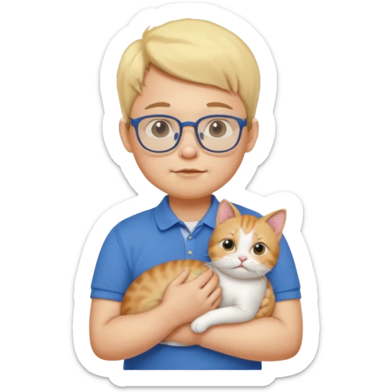 emoji ios, soft boy carrying a cat, light yellow skin, blue polo shirt, bespectacled, cute and a little plump, with slightly chubby cheeks. sticker