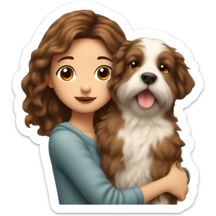 beautiful girl with brown hair kissing her fluffy dog sticker