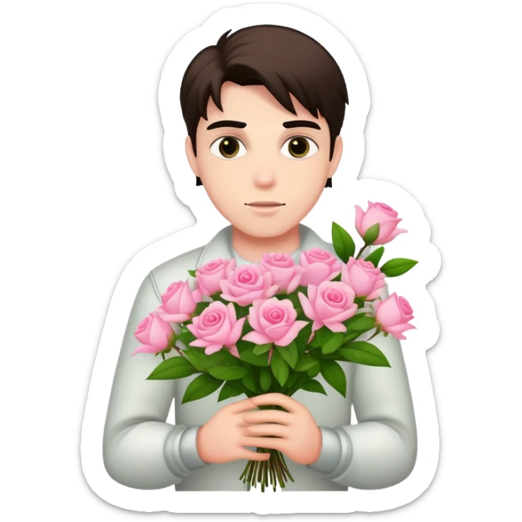 A cool bad boy with fair skin holding a bouquet of pink jasmine roses sticker