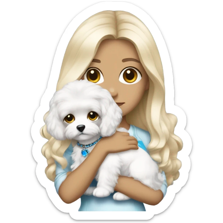 Cute long haired Blonde nightclub outfit girl with blue eyes and holding white cavachon dog sticker