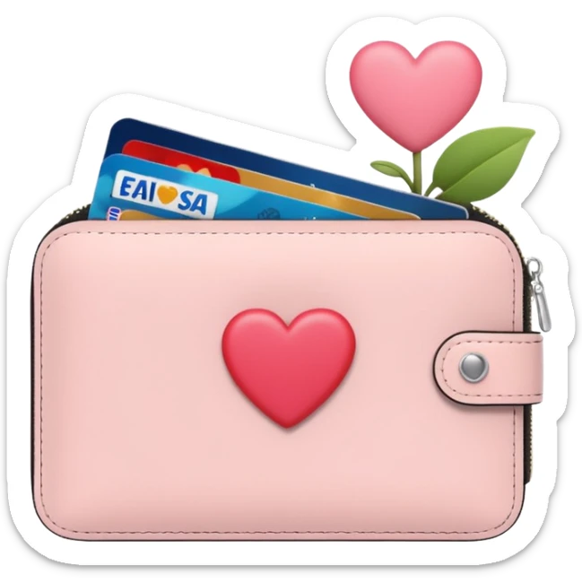Pale Pink cute Wallet with heart charm, credit cards inside and flowers growing from it, clean aesthetic sticker