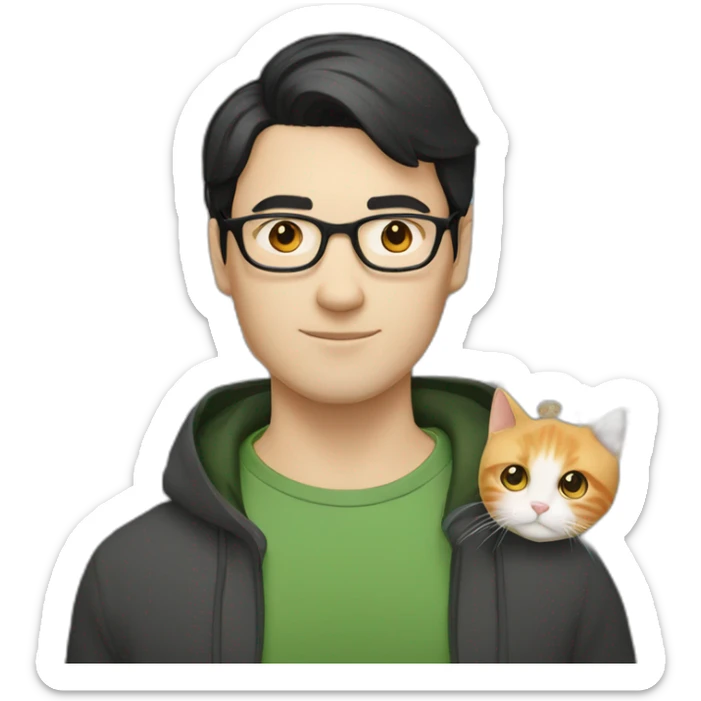 Man with green eyes, black short hair, white skin, with glasses, hold Persian orange cat sticker