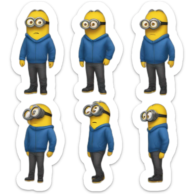 minion blue hood blue shirt gray pants with gold insert belt leather shoes black mask on face three stripes claw marks glasses angry glance sticker