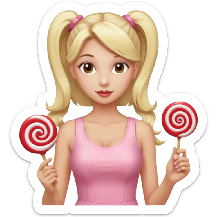 Beautiful woman with long blonde ponytails wearing light pink bodycon dress holding a lollipop sticker
