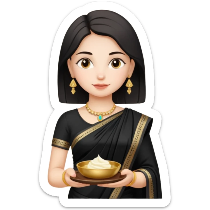 Russian girl in Indian black saree with full image from head to leg and holding a cream colour small tray in her both hands sticker