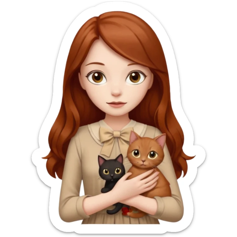 a beautiful girl with long red and brown hair, clear brown eyes, in a beige dress and with a beige bow holds two black cat in her hands sticker