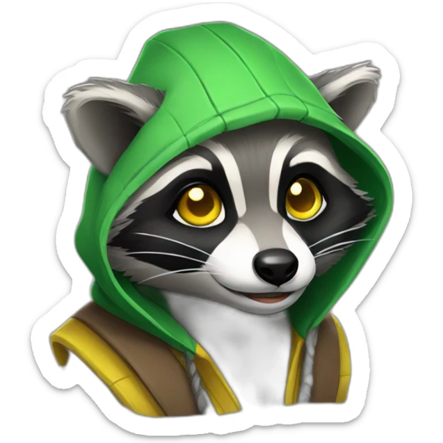 gray raccoon with yellow eyes and a green hood that smiles sticker