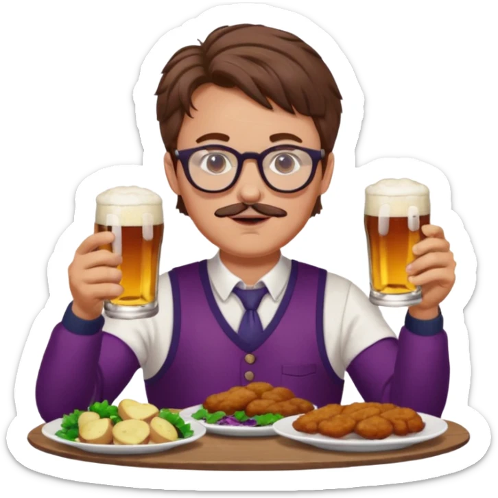 German man with glasses and brown hair and woman with glasses and brown hair eating schnitzel, red cabbage, potatoes, and drinking a beer sticker