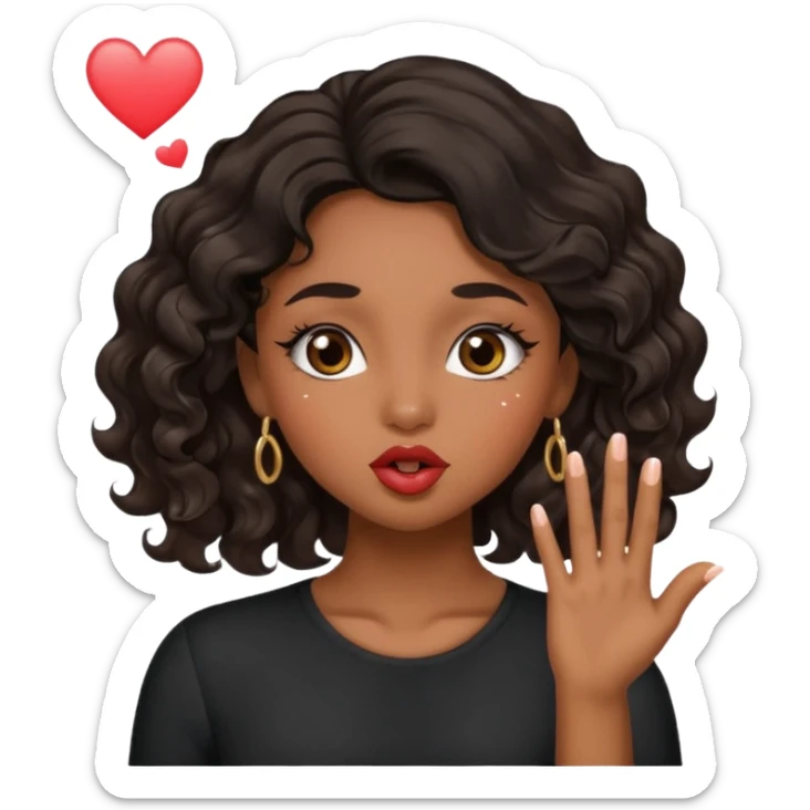 A brown skin girl with black wavy hair with long eyelashes blowing kisses sticker