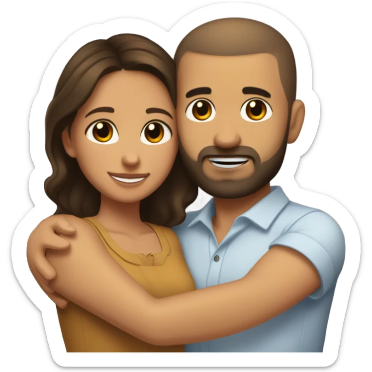 Brown-haired Puerto Rican woman with dark brown eyes wearing a cute blouse giving comforting hug to short, bald man with brown eyes, laugh lines, and a beard sticker
