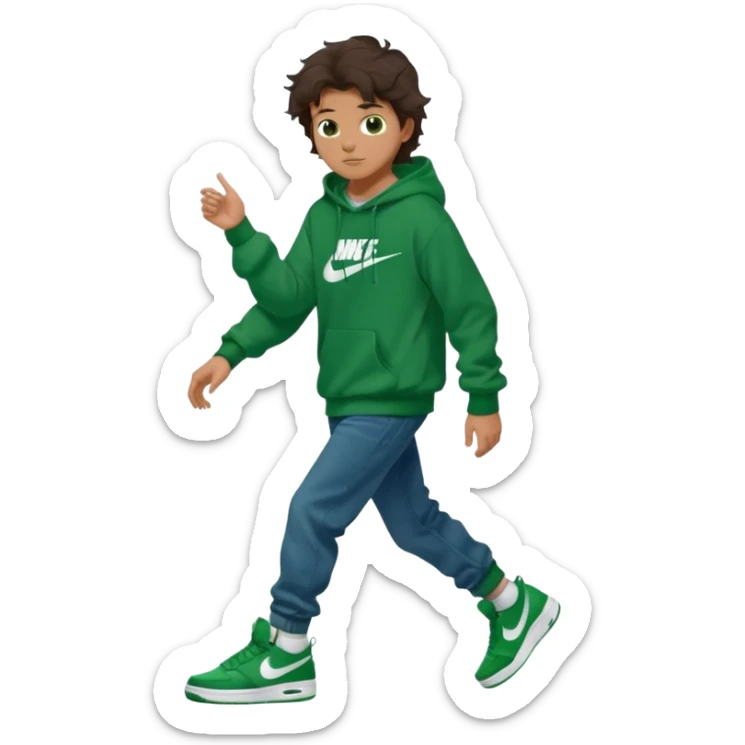 a 14 year old slightly tanned teenage boy with dark brown tousled wavy hair, dark brown eyes wearing a green tshirt, a dark green hoodie, blue jeans and green nike air jordans sticker