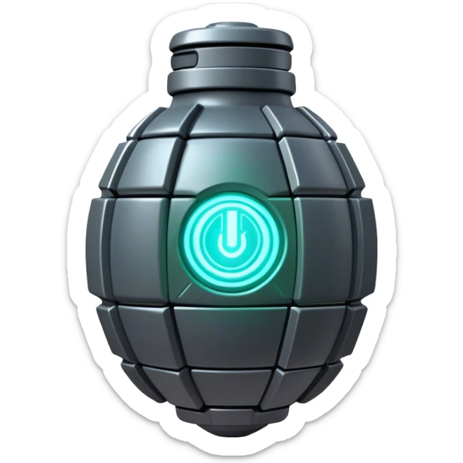 Clash of Clans aesthetic: Cinematic Playful 3D Isometric Plasma Grenade Emoji, rendered in a 3D vector-style similar to standard emojis with minimal shading and bold, simplified shapes. A compact, distinct form with signature details, softly glowing with a futuristic sci-fi warfare charm. Simplified yet unmistakably iconic, highly detailed and consistent, glowing with a soft radiance and high shine. Stylized with a touch of high-tech brilliance and a soft glowing outline, capturing the essence of a beloved gaming relic with a friendly, playful manner! sticker