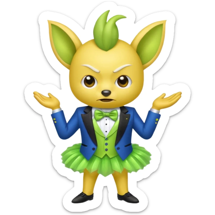 Angry blue banana with ears wearing a sparkly lime green tuxedo and tutu sticker