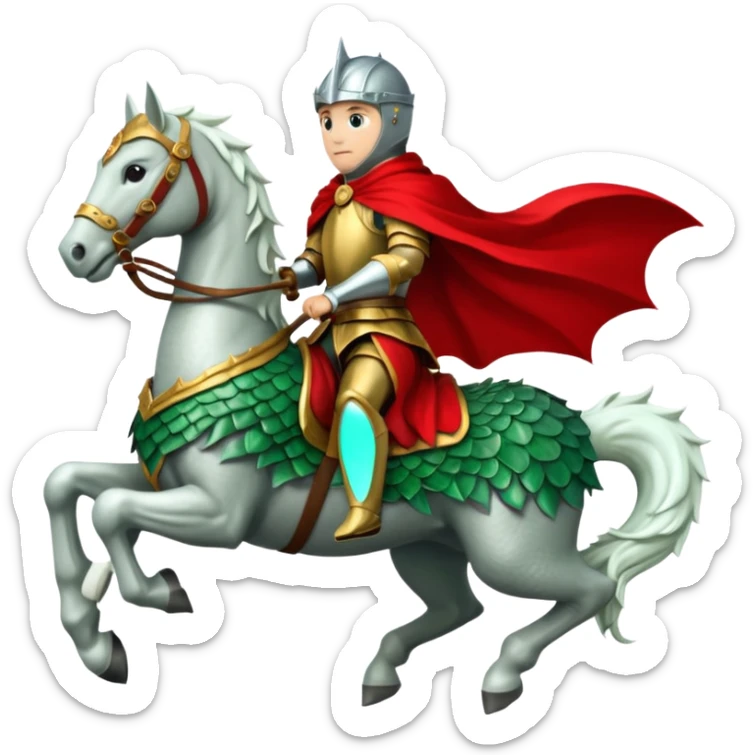 A knight in silver armor with a red cape, riding a white horse atop a green dragon. sticker