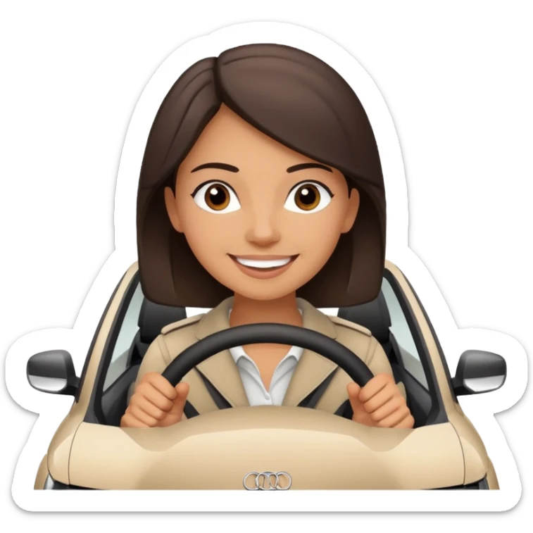 Young adult Woman with dark brown hair driving an Audi a1 fast loving life sticker