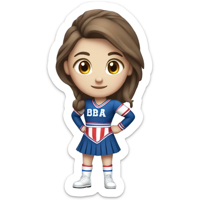 White skin brown hair cheerleader wearing Red white and blue with a B on the front sticker
