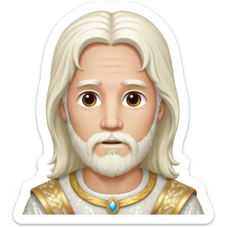 Jesus, Son of God from Gods and Goddesses with long white hair and beard, ivory sequin outfit sticker