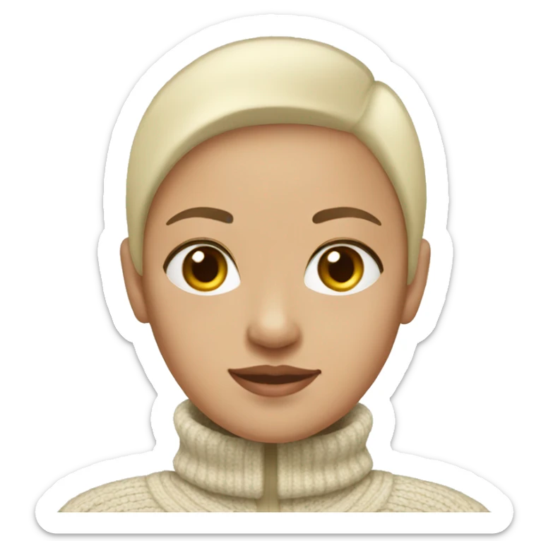 a bald girl wearing a white turtleneck sweater and a beige jacket out the sweater. She is bald sticker