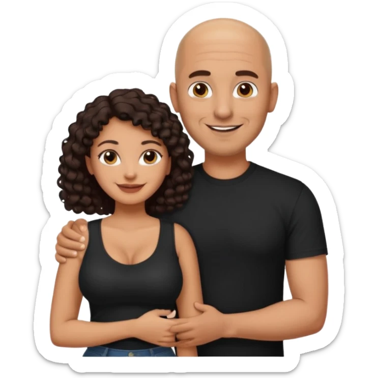 A picture of a tanned couple with the man's arm around her. the man is a Mexican man with tanned skin, a bald hair cut, short beard and wearing a black shirt. the woman is mixed, with curly dark brown hair and with big boobs  sticker