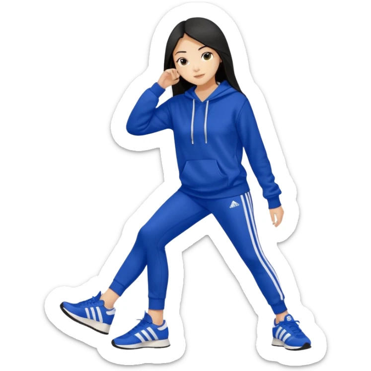 A pretty white/asian tanned girl with medium long strait dark brown almost black hair wearing a royal blue hoodie and leggings with adidas sambad sticker