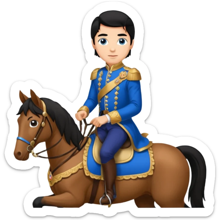 Prince,, black Hair, blue eyes, whole body, in a horse  sticker