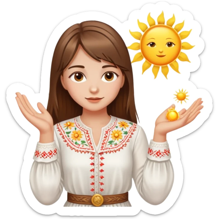 Young Ukrainian girl with brown hair wearing a white embroidered traditional shirt holding a bright sun in her hand sticker
