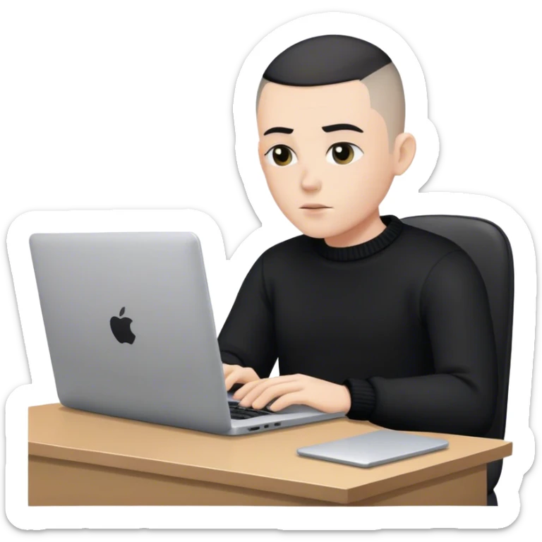 memoji of a man with a laptop in front, apple-style,modern,white skin,black buzz cut hair,black sweater,computer in hand,sitting on his desk sticker