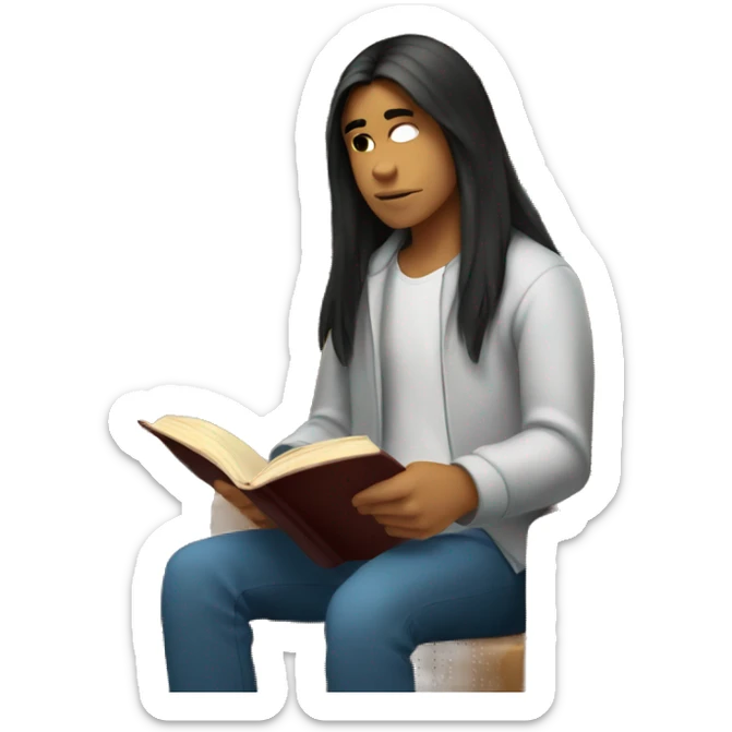 Male Peruvian teen with long straight hair reading a book in a library sticker